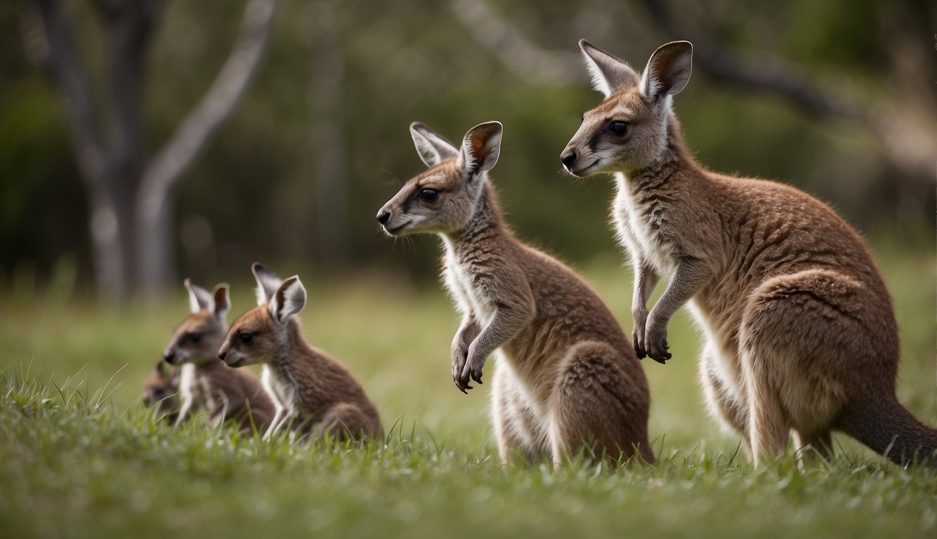 Baby kangaroos hop, play, and explore their surroundings.

They peek out of their mother's pouch, nibble on grass, and interact with other joeys