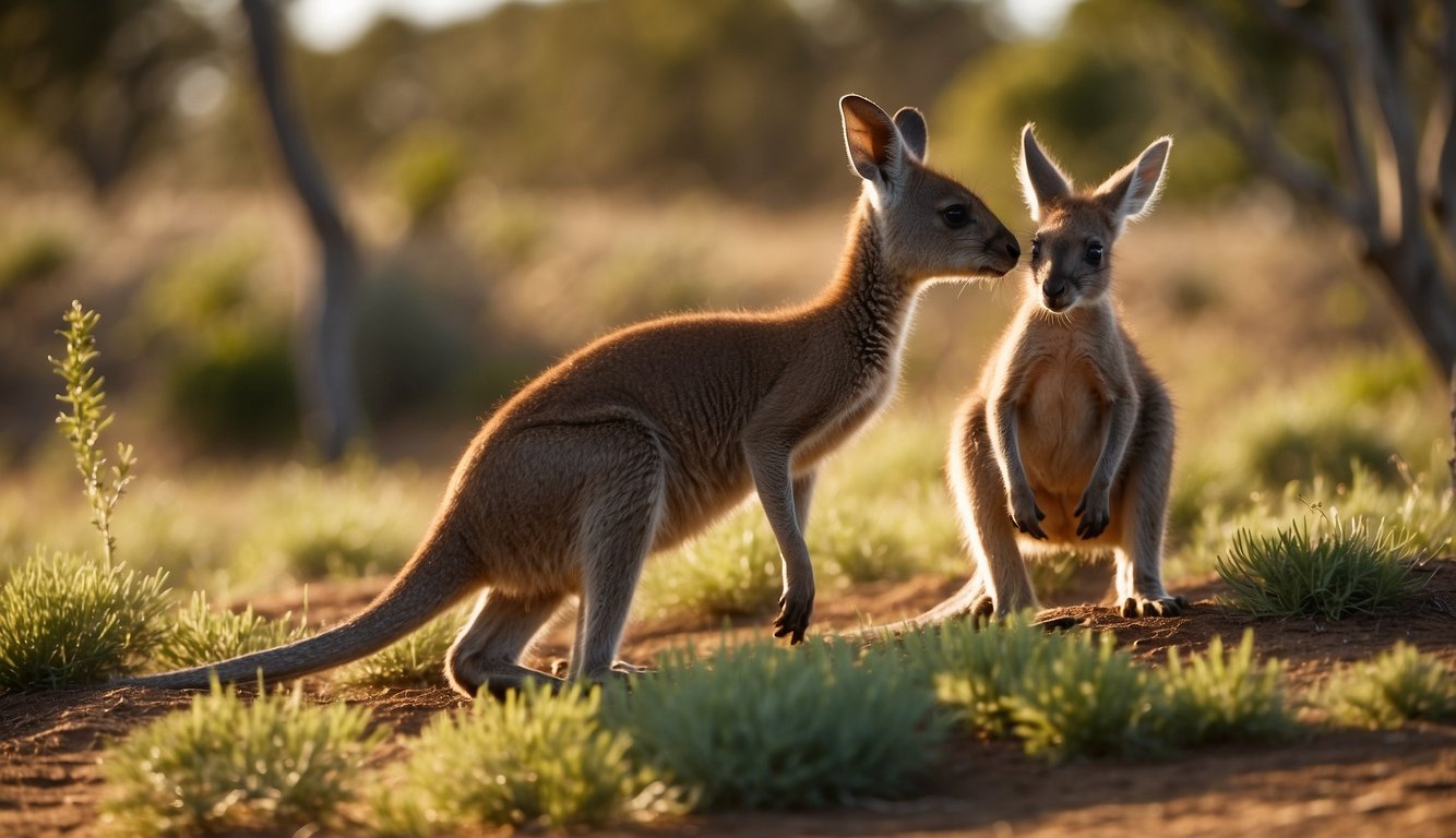 Baby kangaroos hop and play in the warm sun, exploring their surroundings.

They peek out of their mother's pouch, tasting new plants and learning to balance on their tiny legs