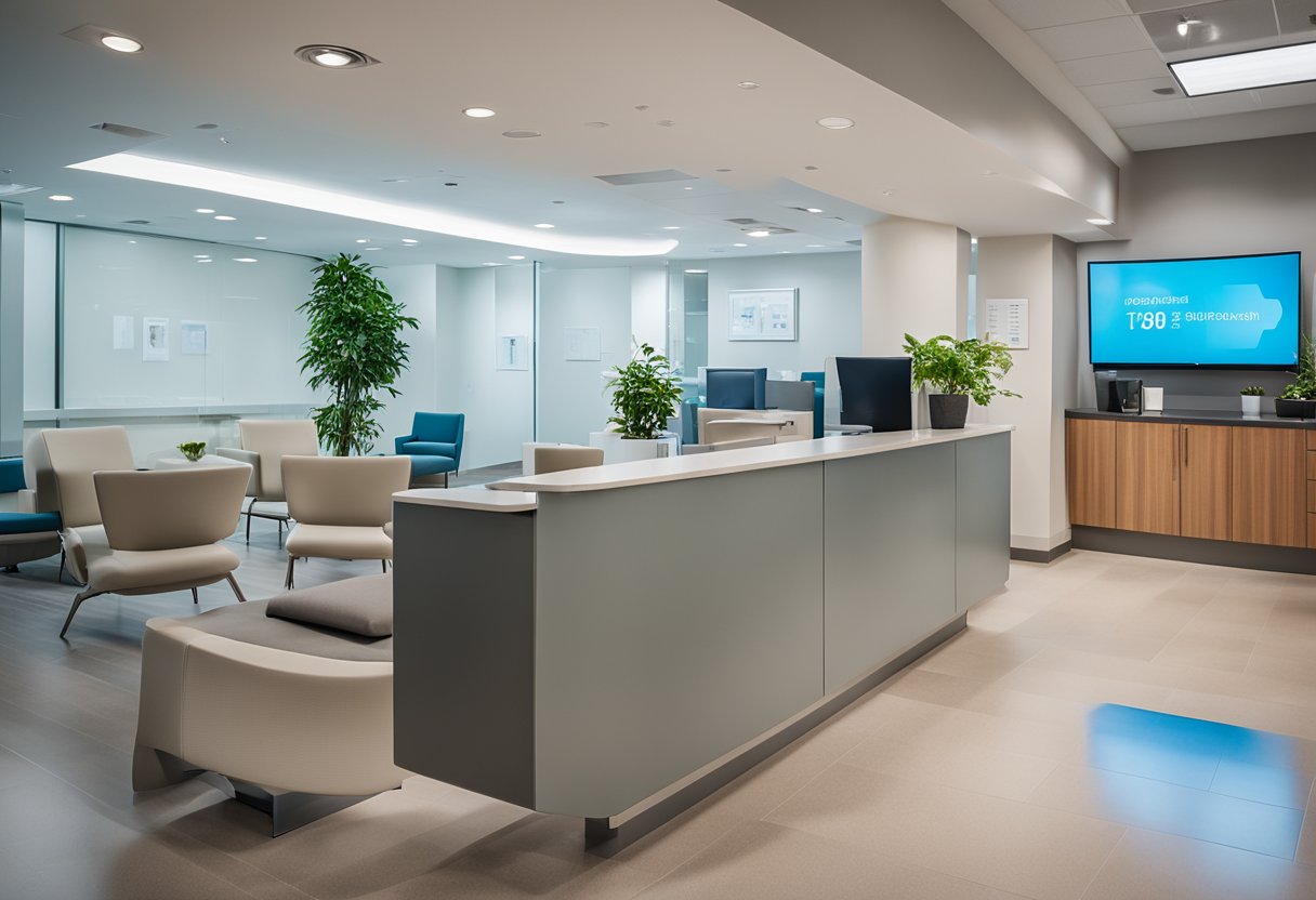 The medical office is modern with sleek furniture and calming colors. The waiting area has comfortable seating and a reception desk with a friendly staff member. The exam rooms are equipped with state-of-the-art technology and have a clean, organized layout