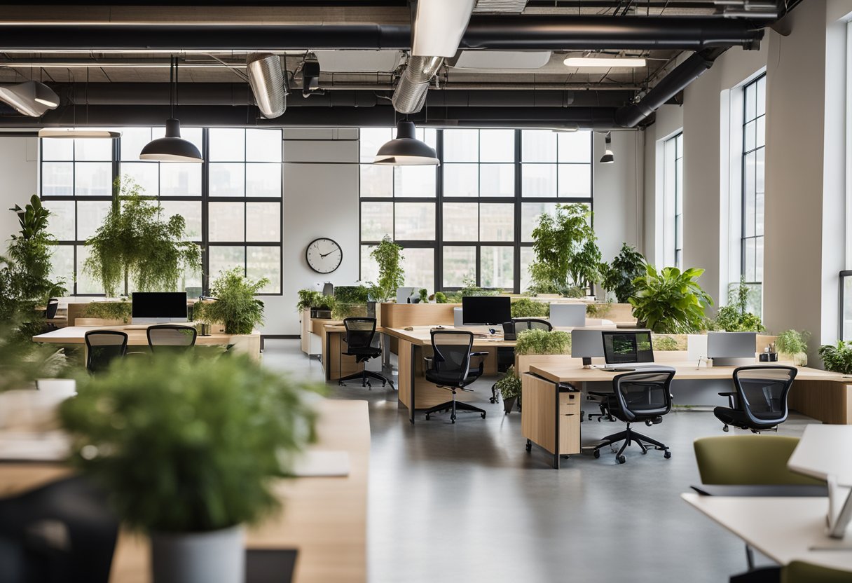 Open concept space with collaborative workstations, natural light, and biophilic elements. Standing desks, comfortable seating, and integrated technology. Warm, neutral color palette with pops of greenery