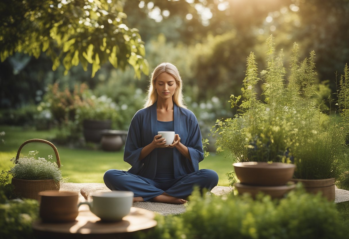 A serene garden with medicinal herbs and plants, a person sitting in meditation, and a warm cup of herbal tea