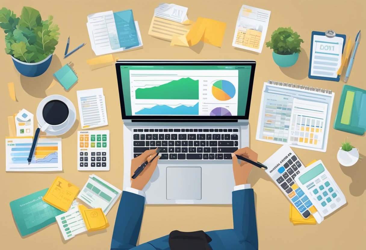 A person creating a monthly budget, researching investment options, and comparing interest rates on loans