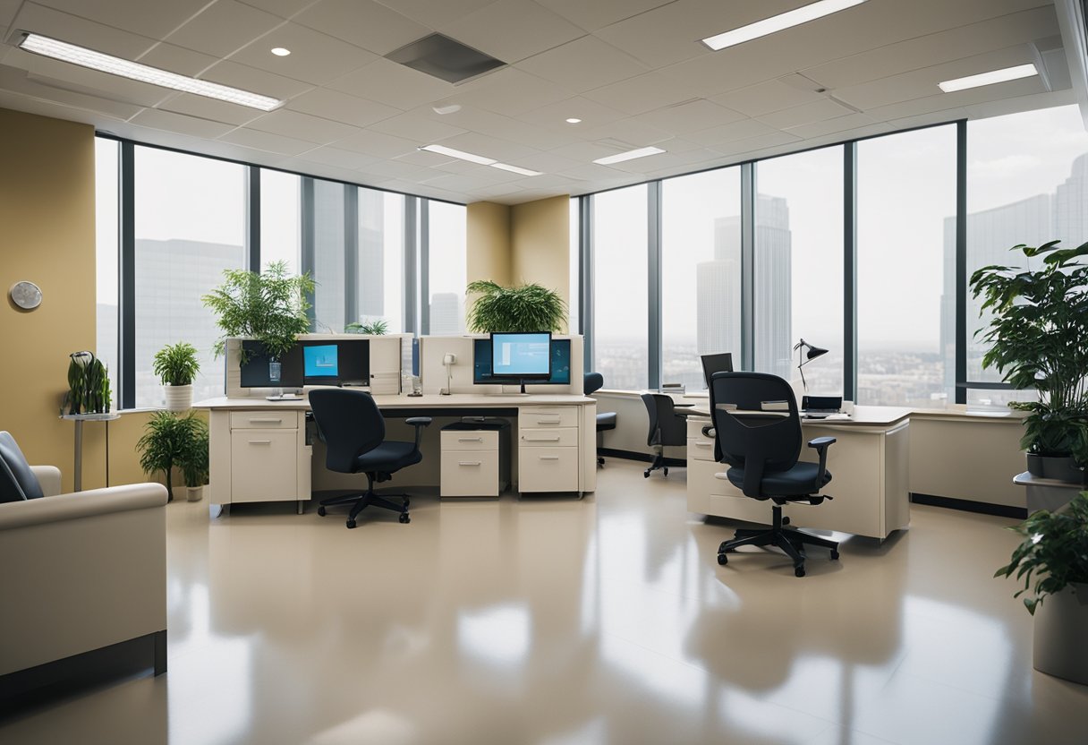 The medical office interior features ergonomic furniture, calming colors, and natural lighting for a comfortable and efficient workspace