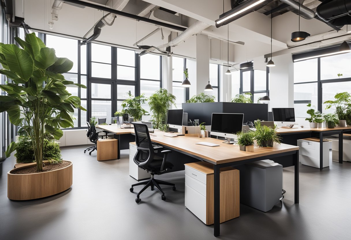 A modern, open-concept office with movable furniture and collaborative work areas. Bright, natural lighting and plants create a fresh, inviting atmosphere