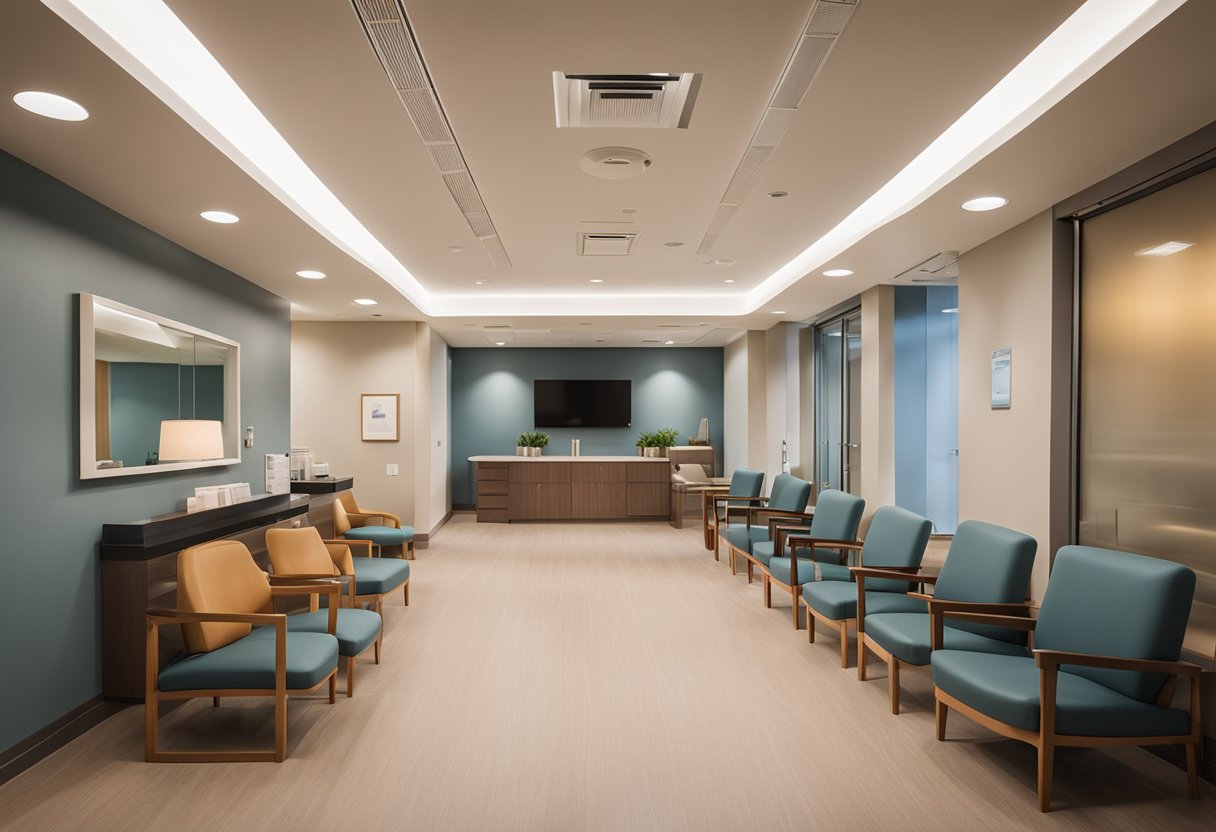 The medical office interior features warm lighting, comfortable seating, and calming artwork, creating a welcoming atmosphere for patients