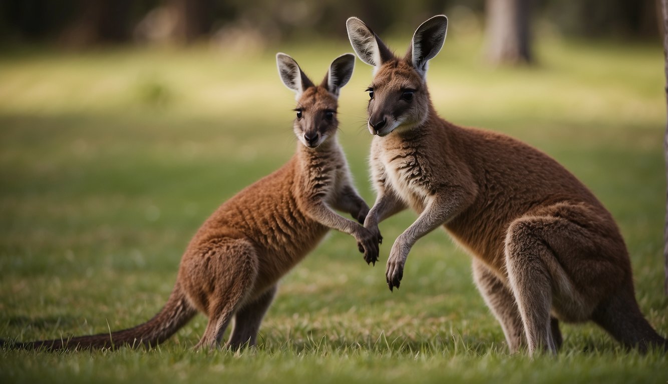 A baby kangaroo hops around its mother's pouch, exploring the grassy habitat and playing with other joeys