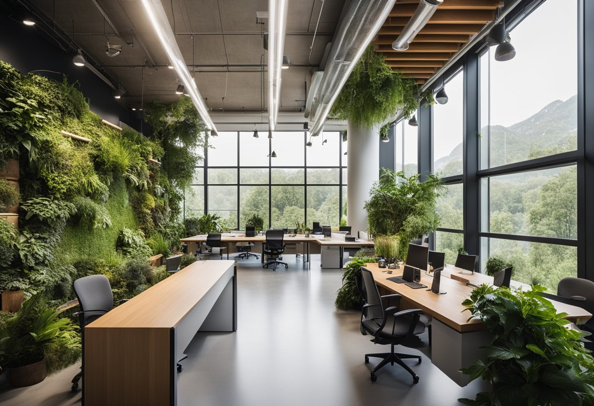 A bright, open office space with large windows, greenery, and natural materials like wood and stone. Biophilic elements such as living walls and water features are integrated throughout the design