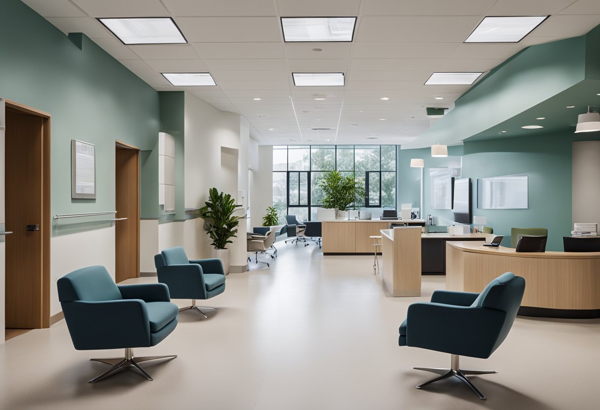 The medical office is spacious with modern furniture, calming colors, and natural light. A reception area with comfortable seating and a sleek desk welcomes patients. The consultation rooms feature ergonomic chairs and technology for efficient patient care