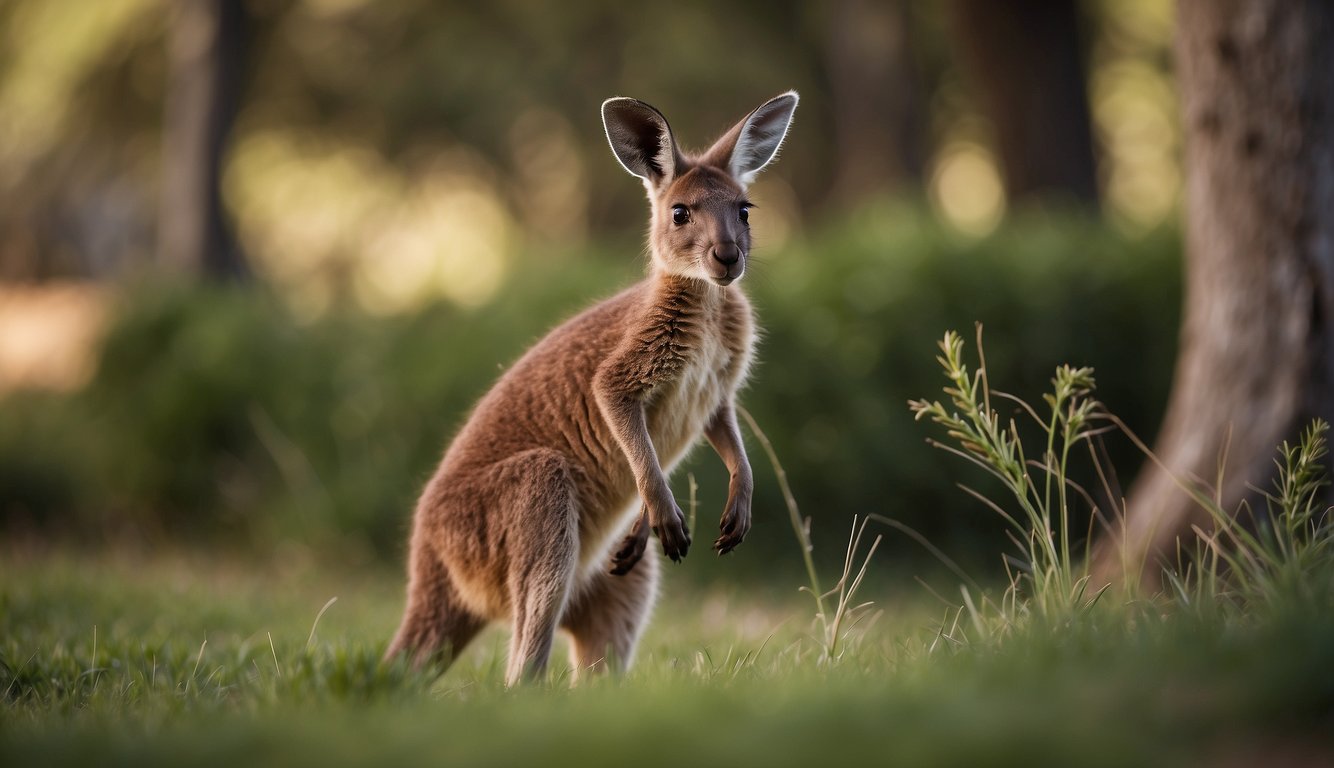 A baby kangaroo hops around, exploring its environment.

It nibbles on grass and leaves, occasionally peeking out of its mother's pouch