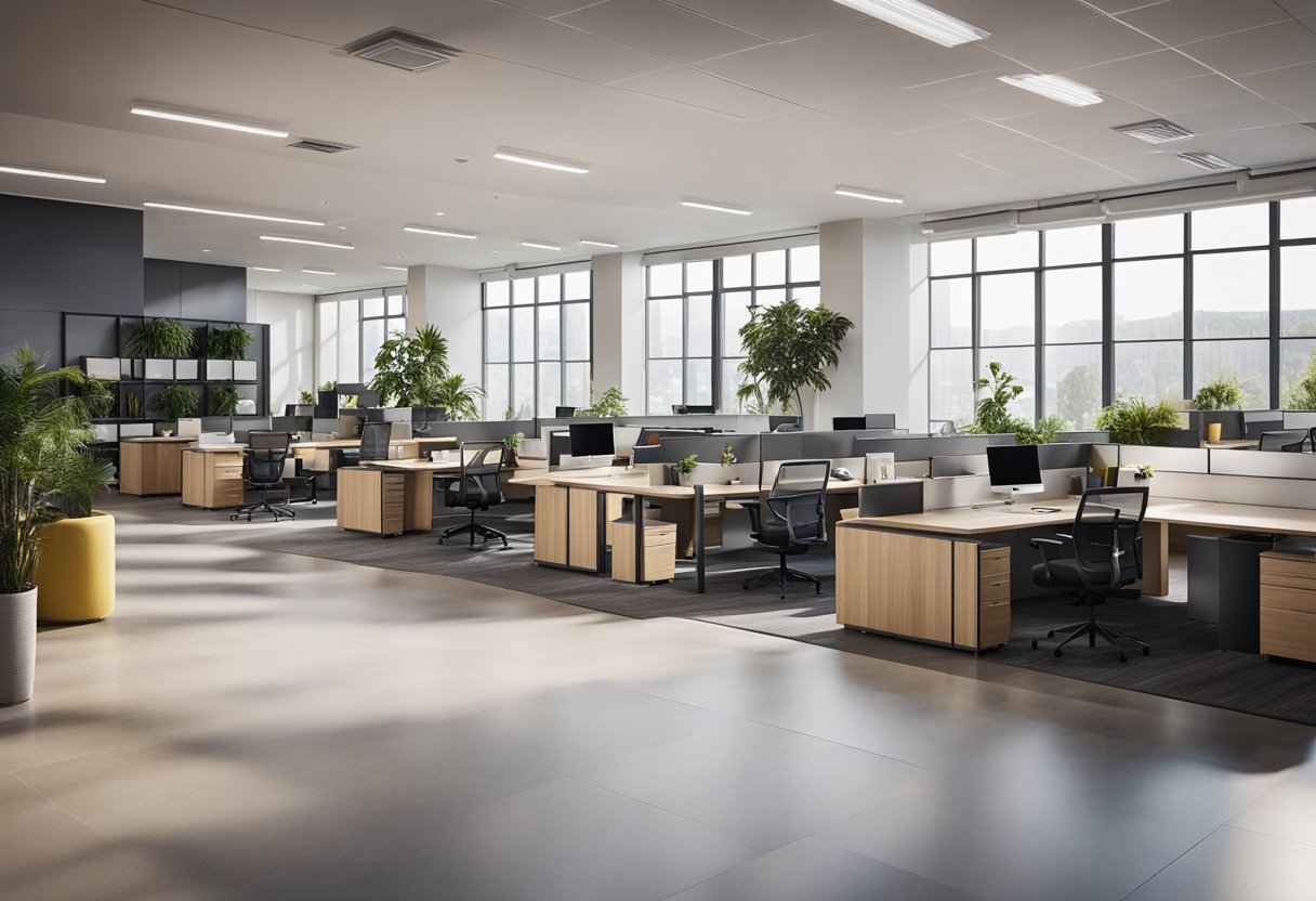 A modern office space with open floor plan, natural lighting, and flexible workstations. Trending designs include biophilic elements, collaborative spaces, and ergonomic furniture