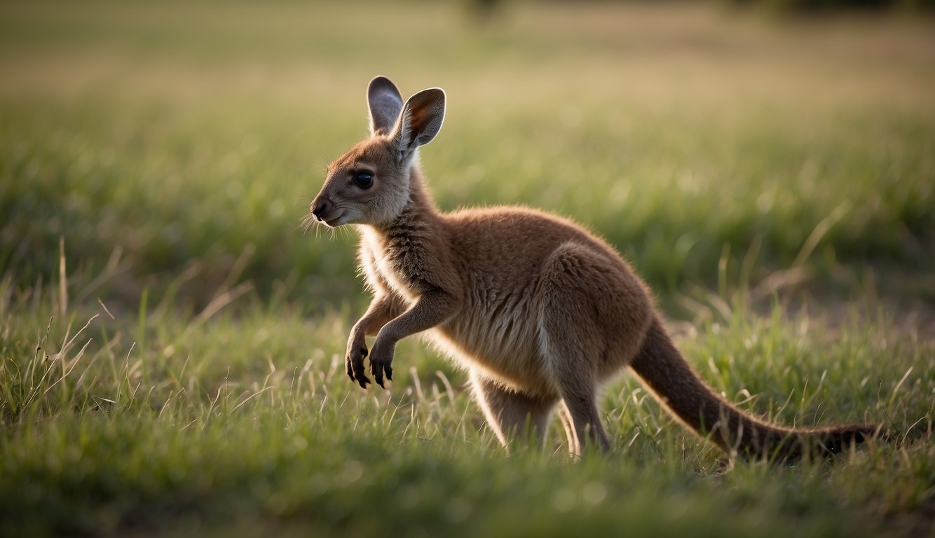 A baby kangaroo hops around the open grassland, playfully exploring its surroundings.

It nibbles on grass and leaves, occasionally peeking out from its mother's pouch