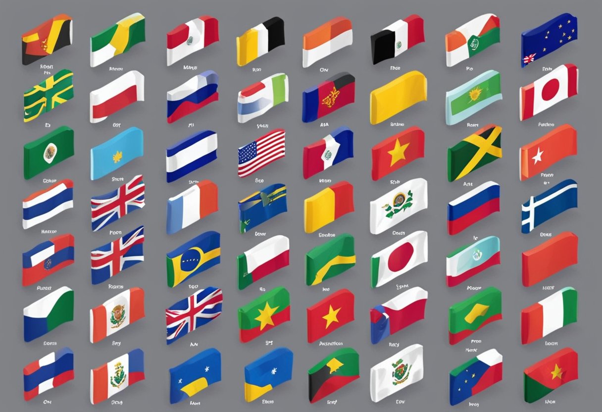 Different flags from around the world with the name "Amy" displayed in various languages and scripts