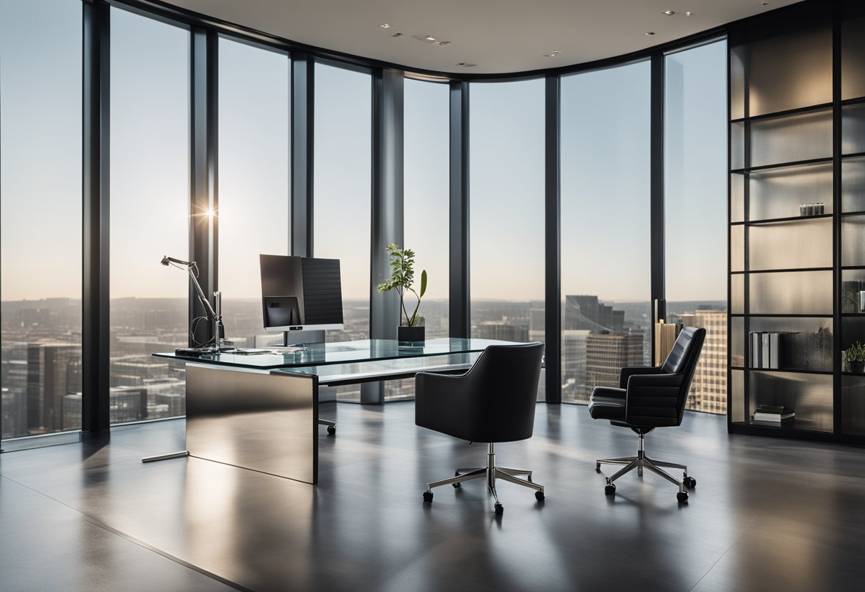 A sleek, minimalist executive office with a glass desk, leather chair, and floor-to-ceiling windows. The space is accented with metallic finishes and modern artwork