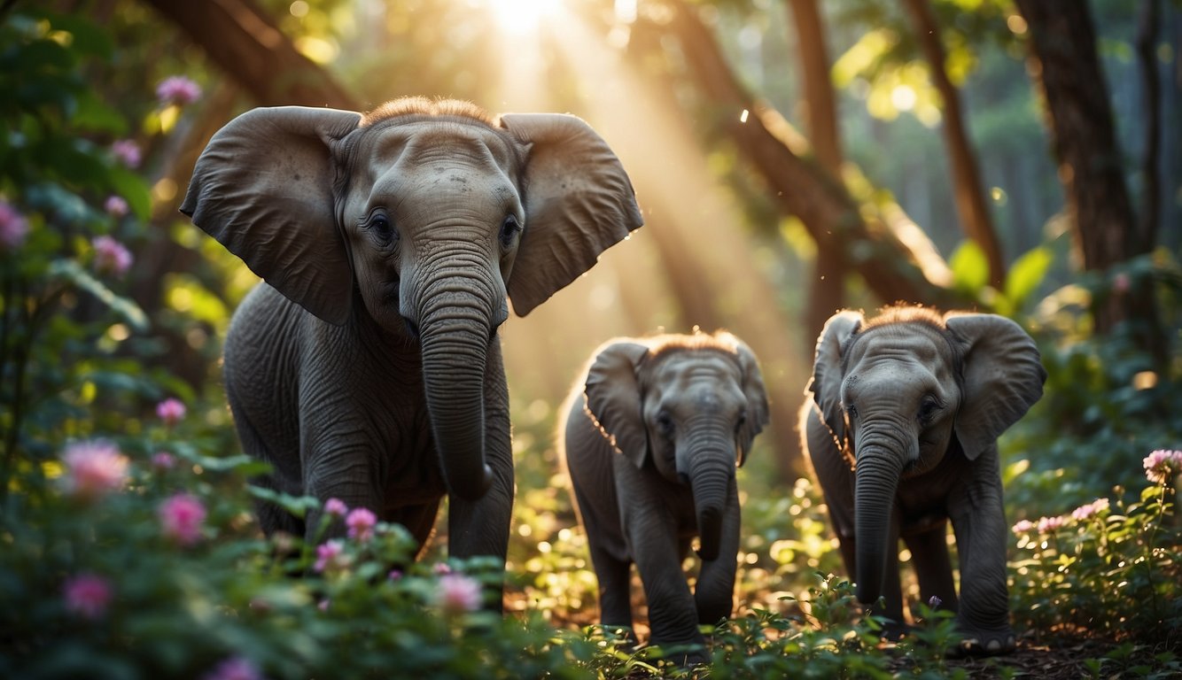 Baby elephants playing in a lush, colorful jungle, surrounded by tall trees and vibrant flowers.

The sun shines through the canopy, casting dappled light on the playful animals
