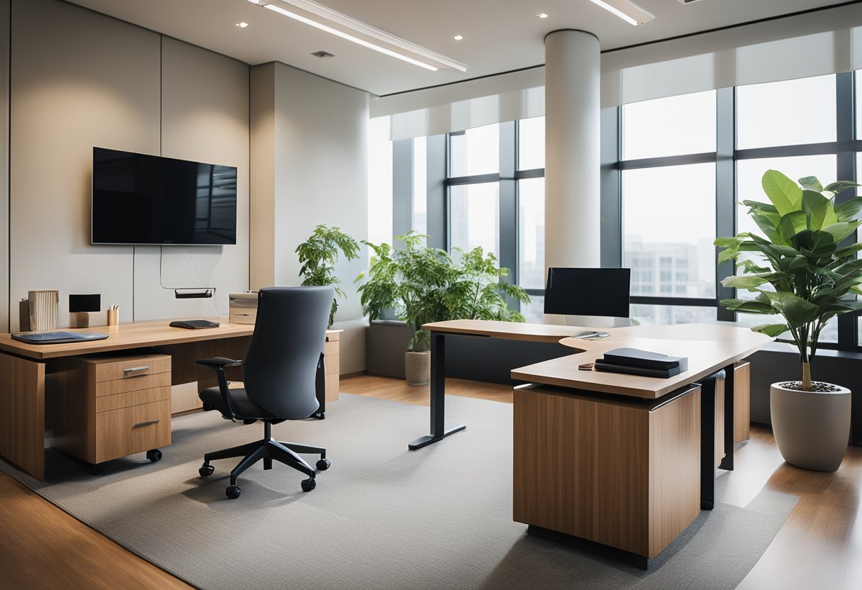 A spacious, well-lit executive office with ergonomic furniture, natural elements, and calming color scheme, promoting productivity and well-being