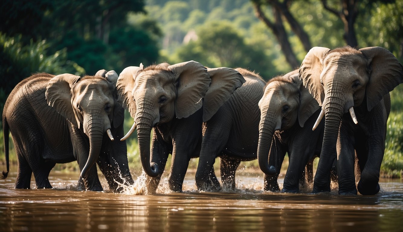 A herd of baby elephants playfully splashes in a watering hole, surrounded by lush greenery and towering trees.

The older elephants stand guard, their massive forms a testament to the ancient origins and evolution of these majestic creatures