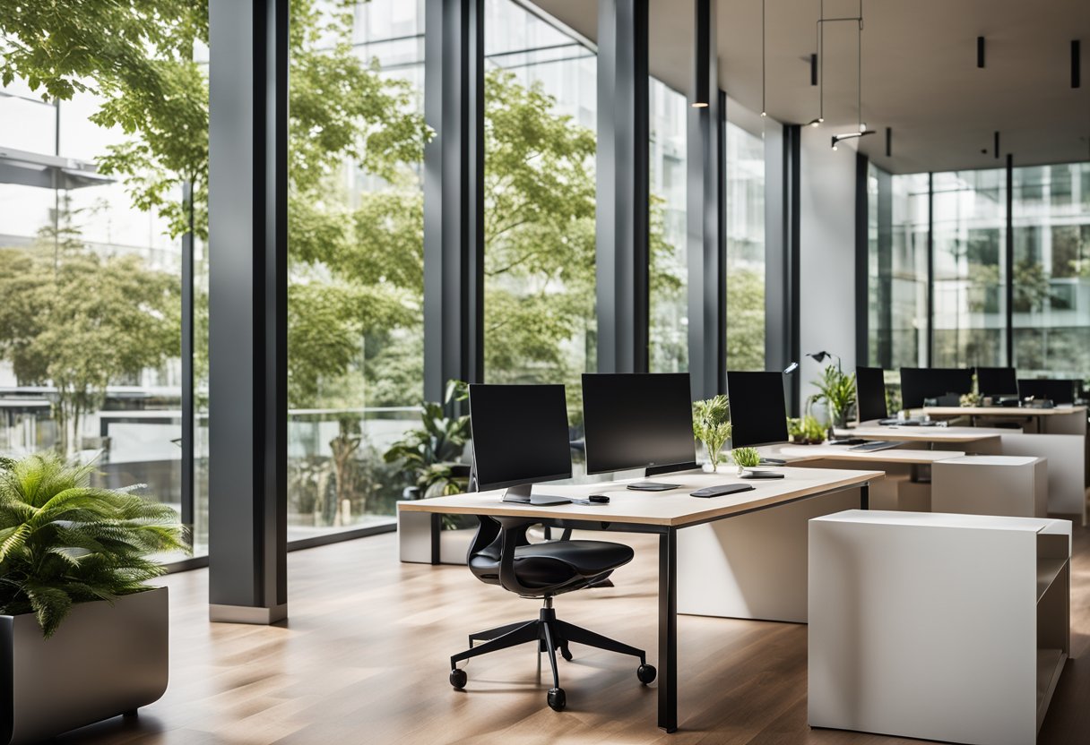 A sleek, minimalist desk with integrated storage, surrounded by ergonomic chairs and vibrant accent walls. Floor-to-ceiling windows flood the space with natural light, while greenery and abstract art add a touch of warmth and creativity