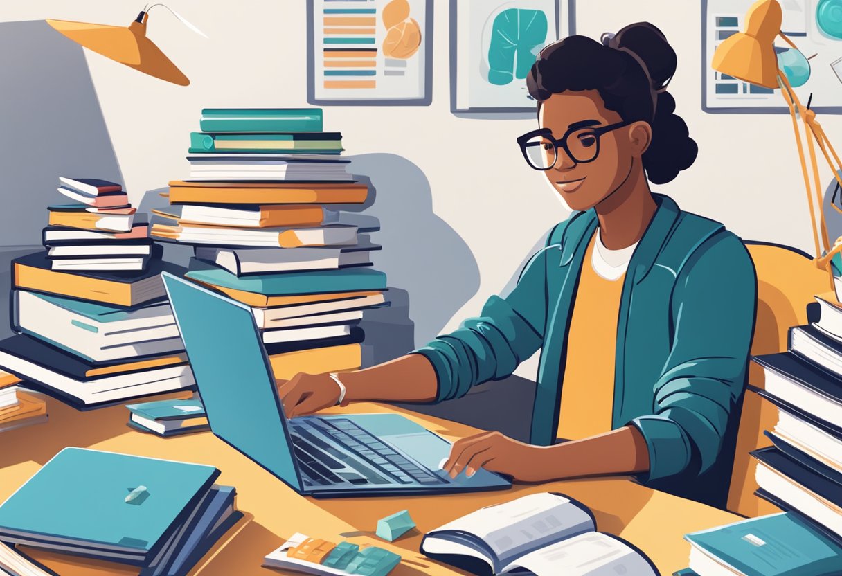 A young person researching financial literacy, surrounded by books, a laptop, and financial planning materials