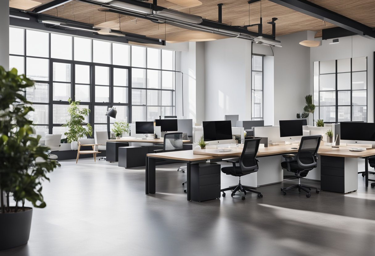 A sleek, open-plan office space with clean lines, minimalistic furniture, and plenty of natural light. A mix of modern and flexible workstations cater to different work styles