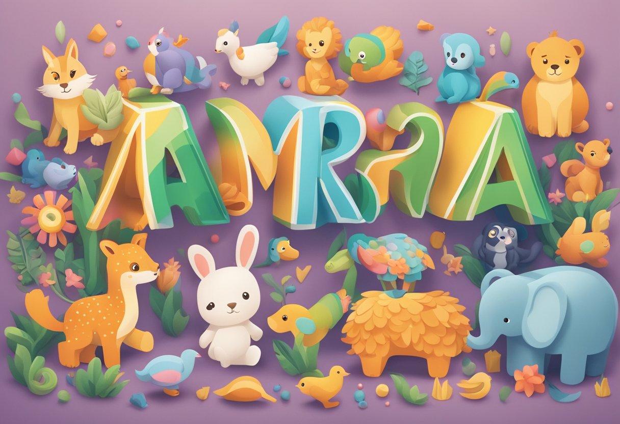 Amara's name written in colorful, playful letters surrounded by baby animals and toys