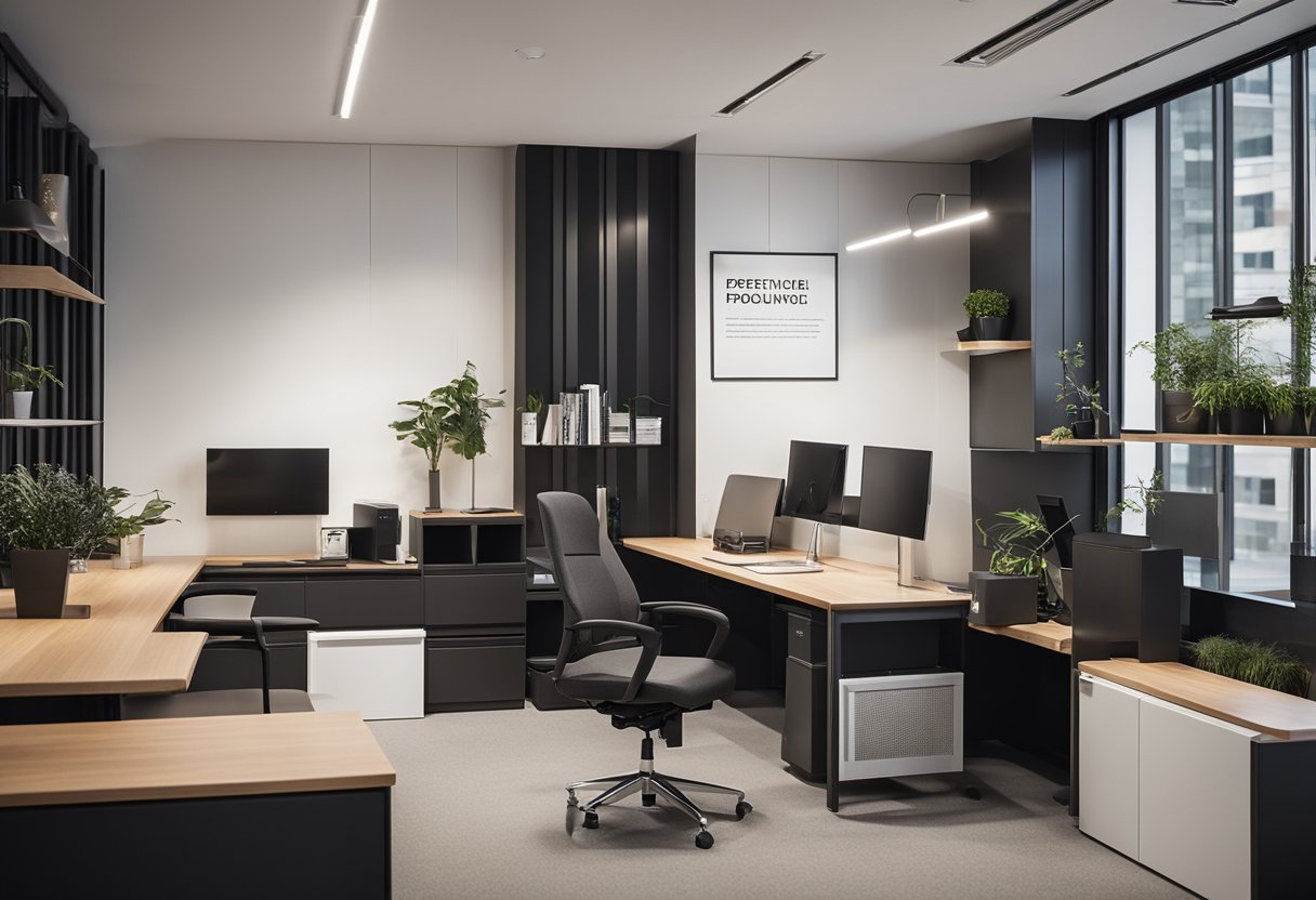 A small office with sleek, multi-functional furniture. Foldable desks, wall-mounted storage, and modular seating create a space-maximizing, modern design