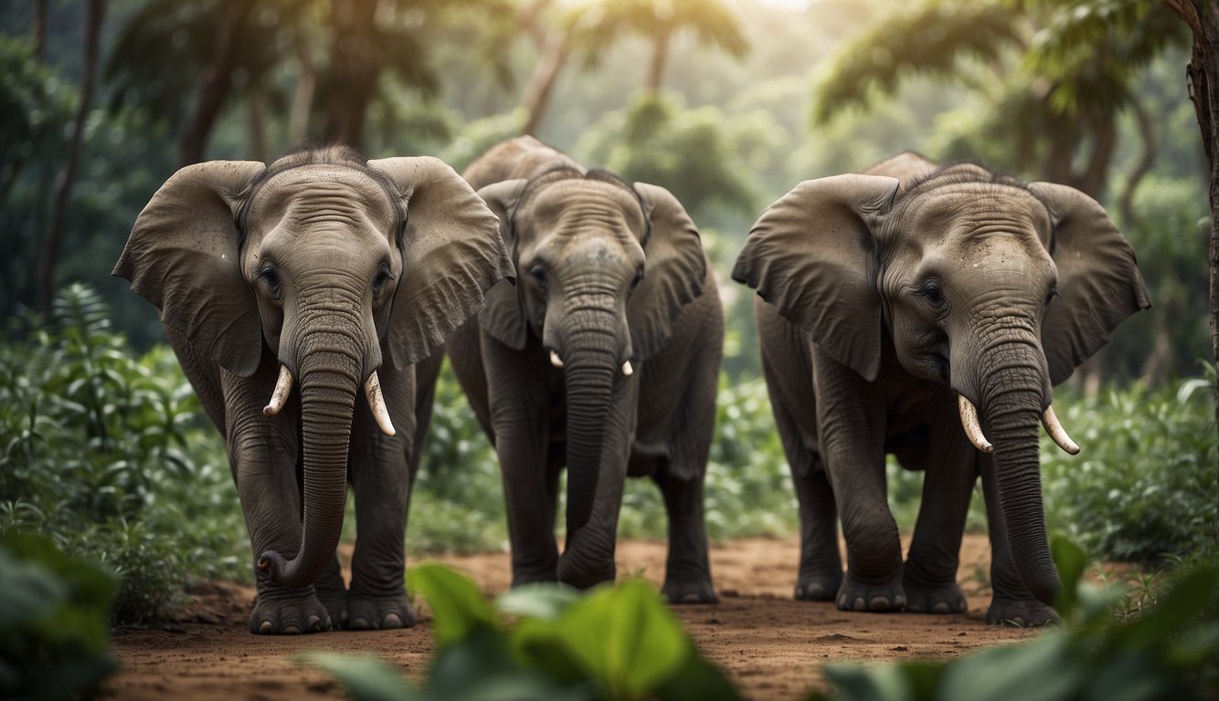 A group of baby elephants playfully interact, weaving through a lush jungle landscape, while older elephants stand guard and socialize nearby