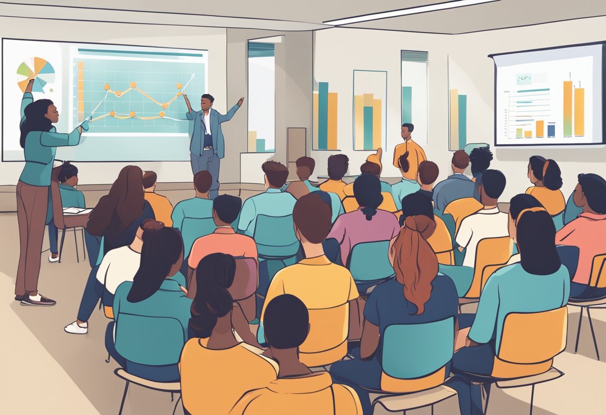 A group of students gathered around a presentation on financial literacy, with charts and graphs displayed on a screen, while a speaker discusses making smart financial decisions for future careers