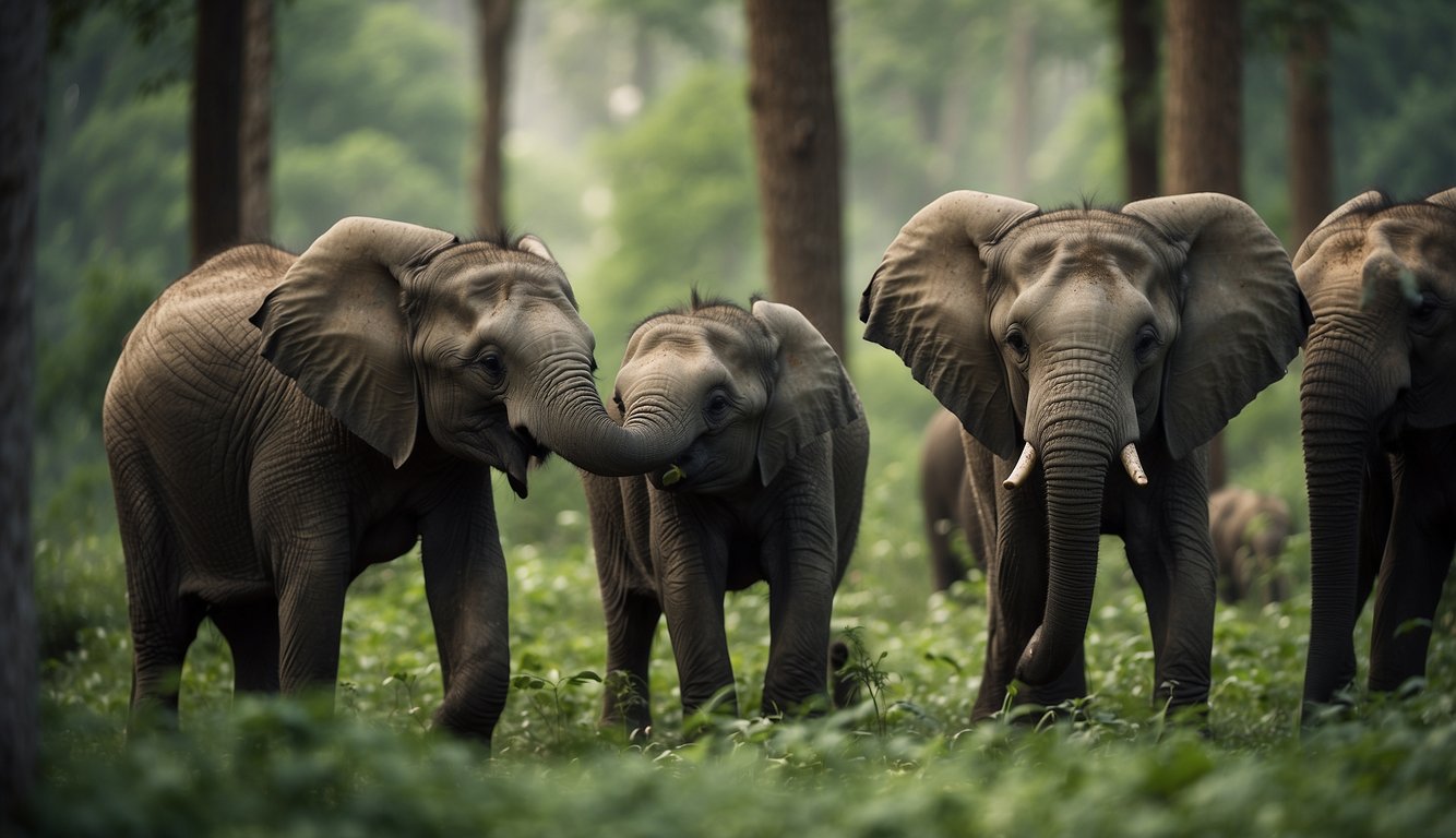 A group of baby elephants huddle together in a lush green forest, surrounded by towering trees and vibrant wildlife.

A ranger stands nearby, monitoring their behavior and ensuring their safety