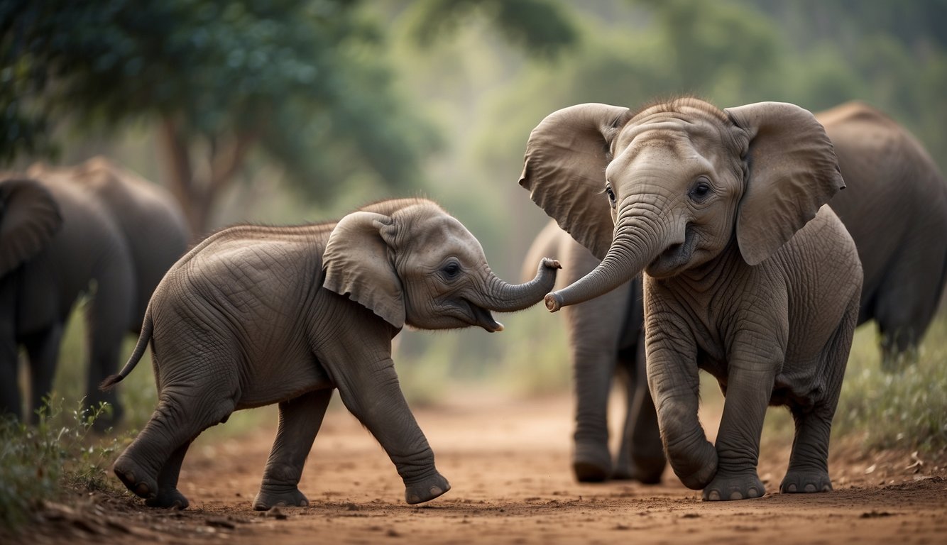 A group of baby elephants playfully interact with each other, exploring their surroundings with curiosity and innocence.

The scene is filled with joy and wonder as they discover the secrets of their world