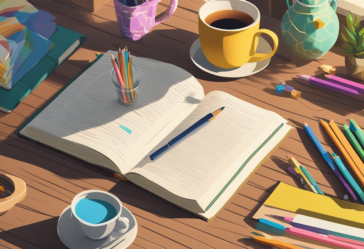 A baby name book sits open on a cozy, sunlit desk, surrounded by colorful pens and a cup of tea. A warm, inviting atmosphere suggests a sense of comfort and inspiration