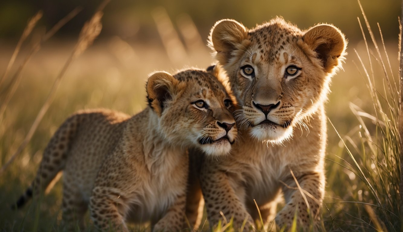 Lion cubs playfully tussle in the golden savanna, under the watchful eye of their mother.

Tall grass sways in the breeze as the cubs pounce and roll, their fluffy fur catching the warm sunlight