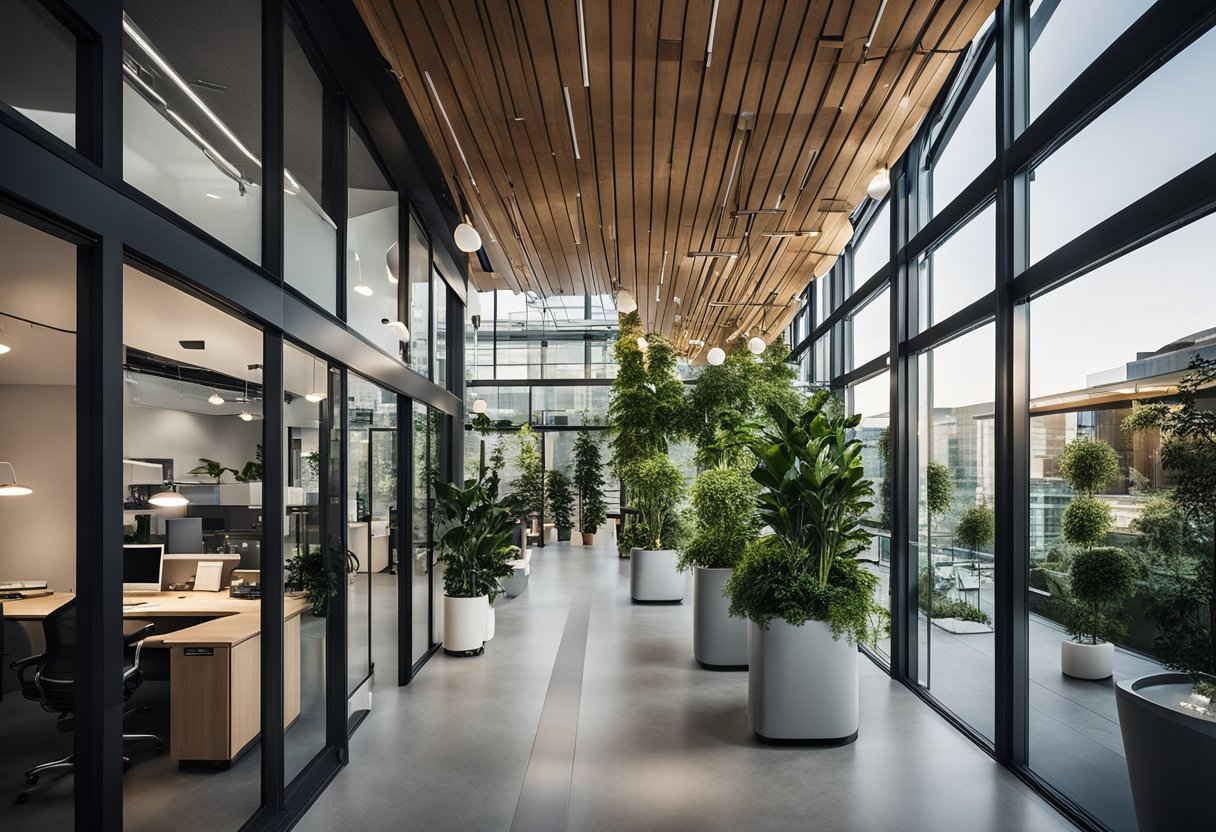 The office building features sleek glass exteriors, modern geometric shapes, and a rooftop garden. The interior includes open floor plans, natural lighting, and collaborative workspaces