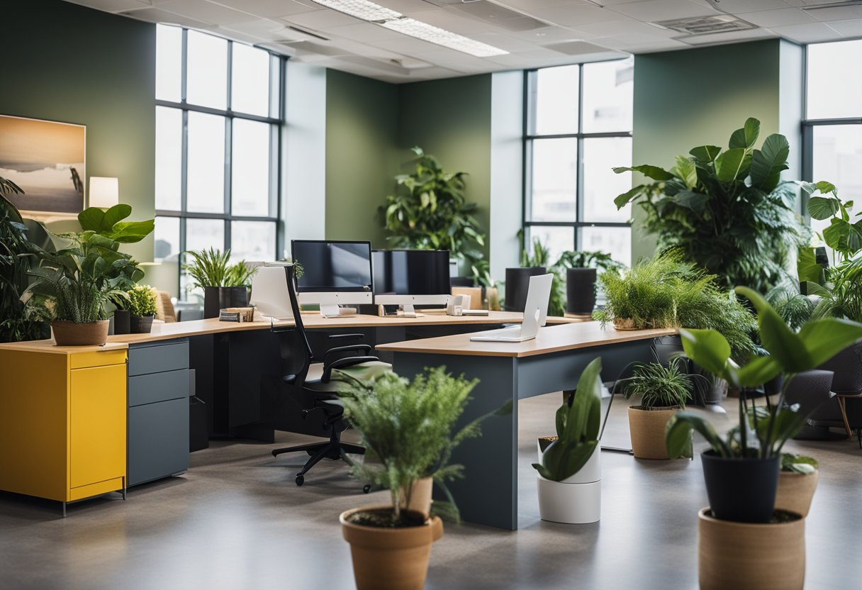 The office space is filled with natural light, modern furniture, and vibrant colors. Plants and artwork adorn the walls, creating a calm and inspiring atmosphere for maximum productivity
