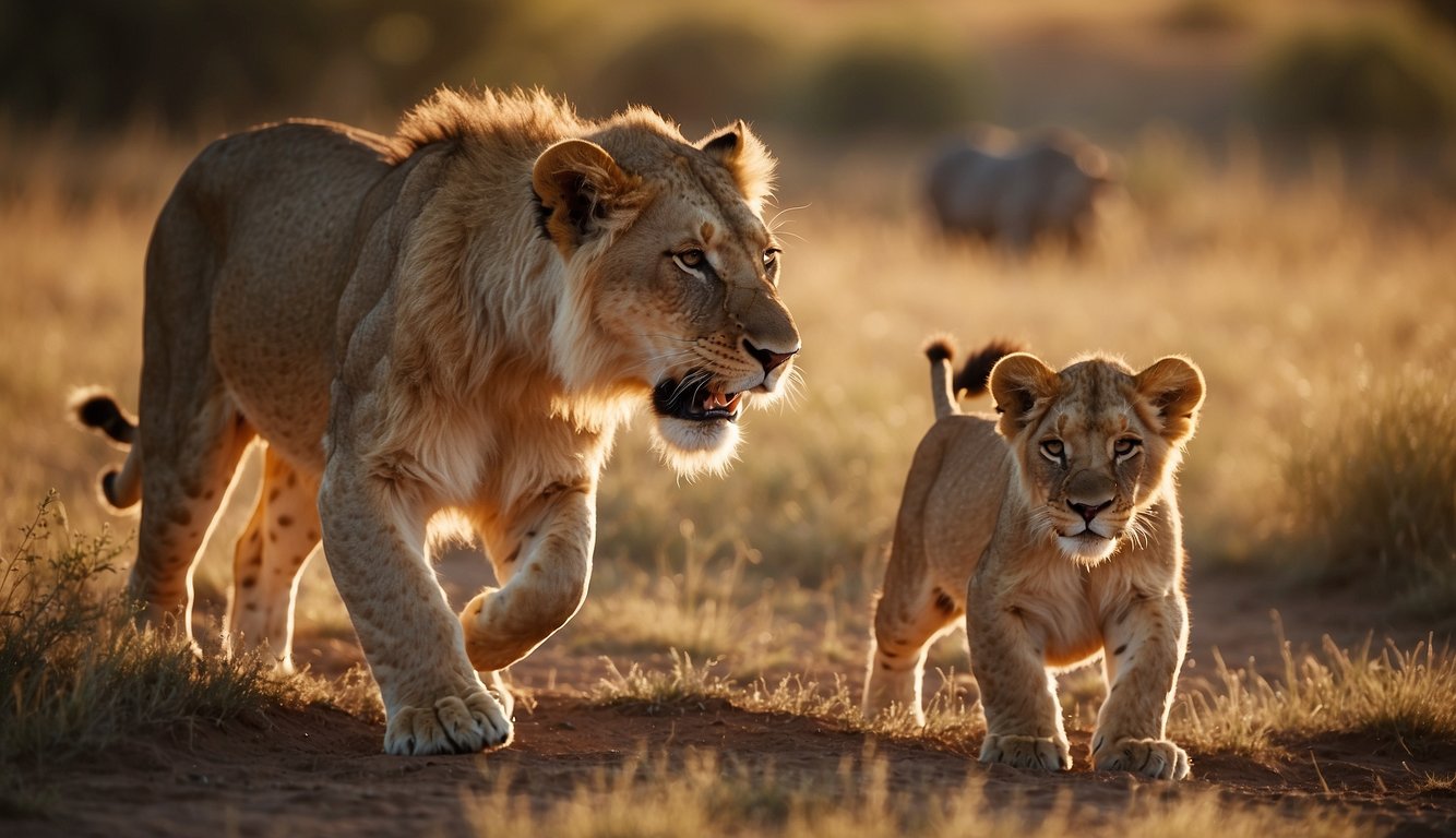 Lion cubs playfully pounce and wrestle in the golden savannah, under the watchful eye of their majestic parents