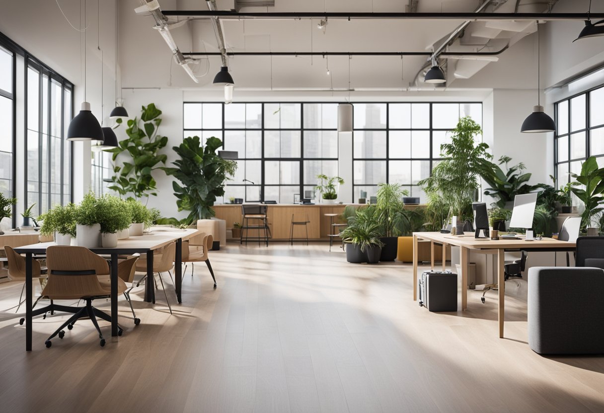 A modern office space with open floor plan, natural light, and flexible furniture arrangements. Plants and artwork add color and texture to the space