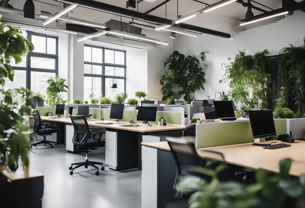 A modern, open-plan office with natural light, ergonomic furniture, and green plants. Varied workspaces for collaboration and focus