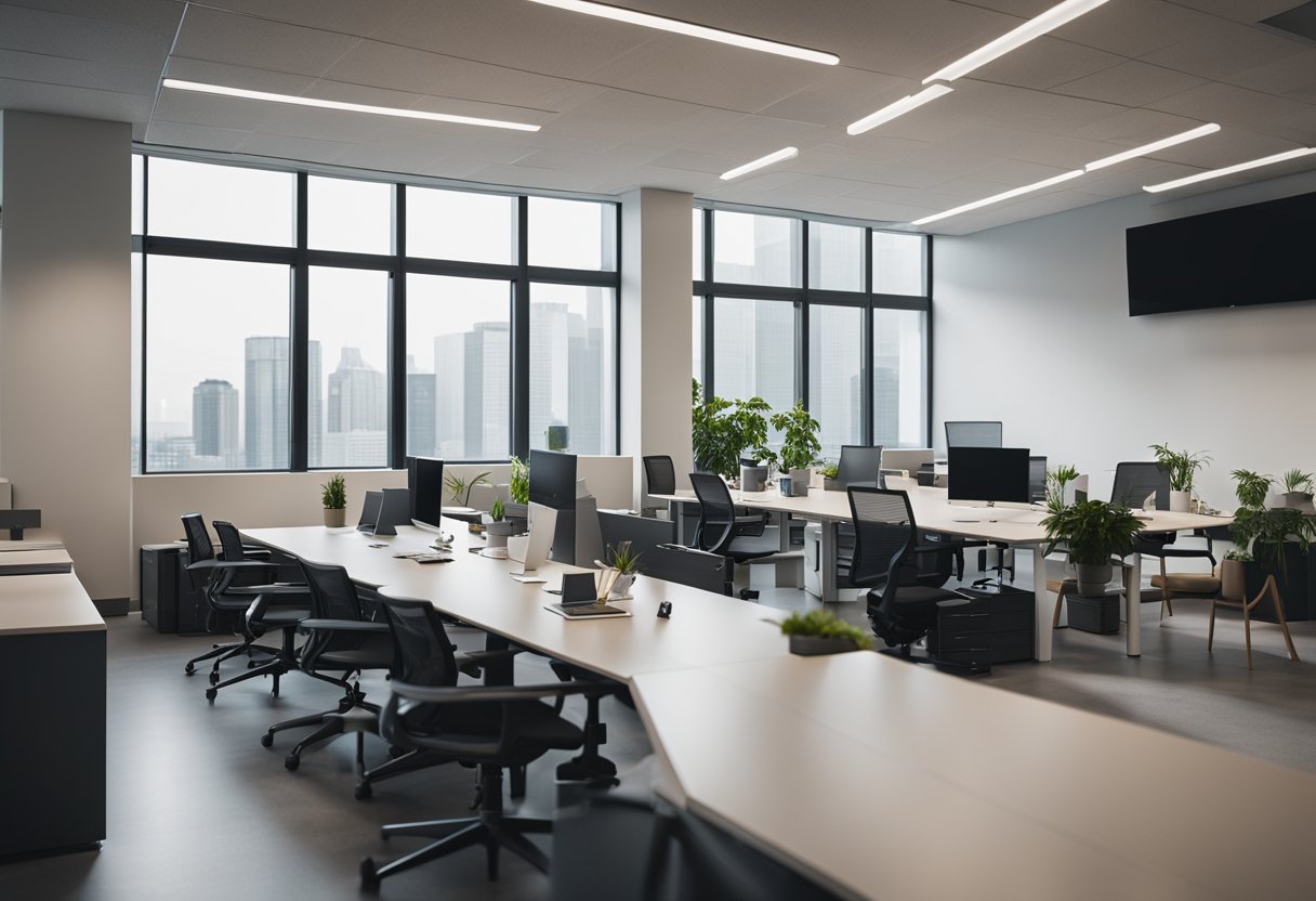 The office interior features sleek, modern furniture, ample natural light, and a minimalist color palette. The open layout encourages collaboration while maintaining a professional atmosphere