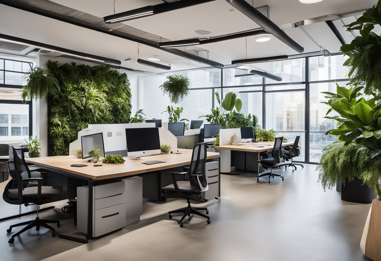 A modern, open-concept office space with movable furniture, natural light, and collaborative work areas. Plants and artwork add a creative touch, while technology integration supports flexible work arrangements