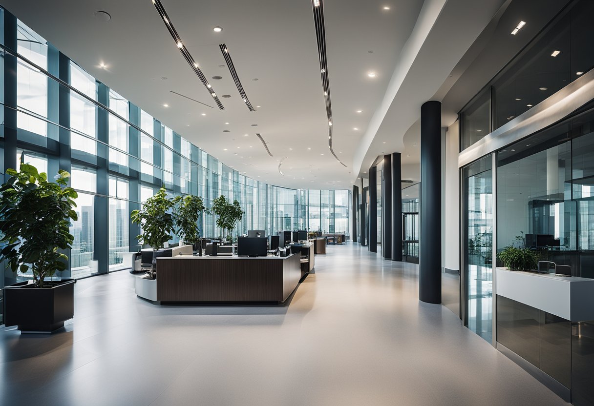 An office building with modern architecture, large glass windows, and a spacious lobby with a sleek reception desk and comfortable seating areas