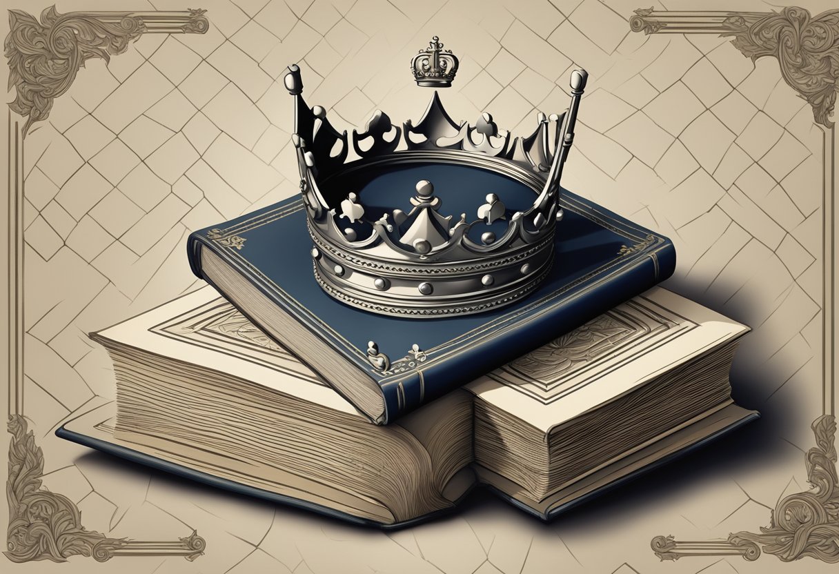 A regal crown sits atop a vintage book, surrounded by a coat of arms and a sword, evoking strength and nobility