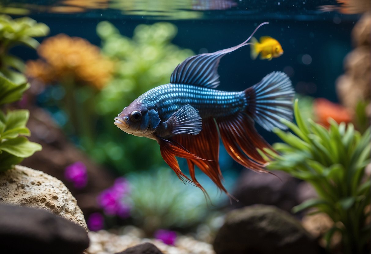 A betta fish swims among vibrant plants and colorful rocks in a well-lit tank with a small cave for hiding