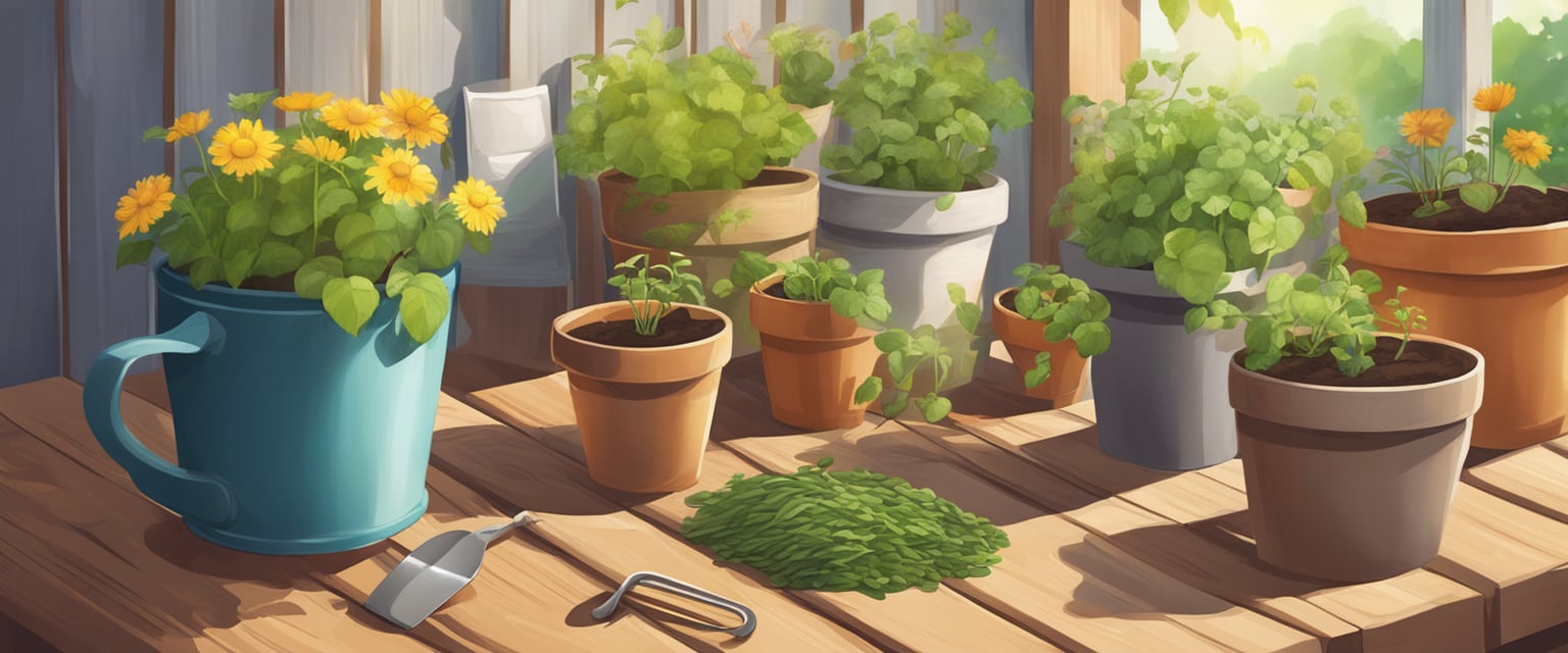 A sunny backyard with fertile soil, a variety of plant pots, gardening tools, and packets of seeds scattered on a wooden table