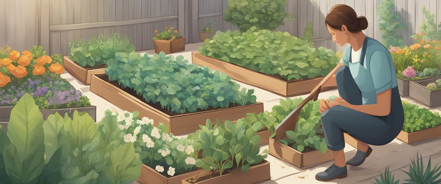 A person holds a gardening tool and gazes at an empty plot of land, surrounded by seed packets and gardening books