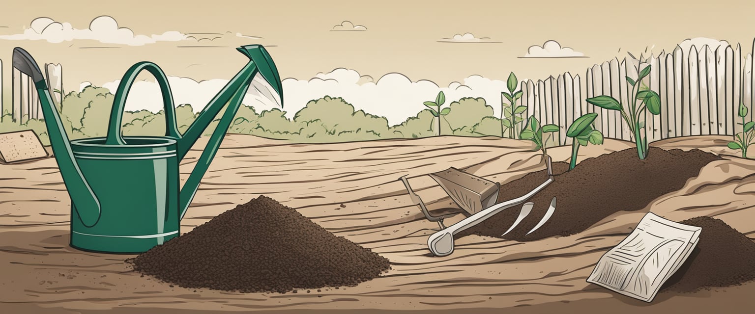 A shovel, rake, and watering can lay on the ground near a plot of soil with freshly turned earth. A stack of seed packets sits nearby, ready to be planted