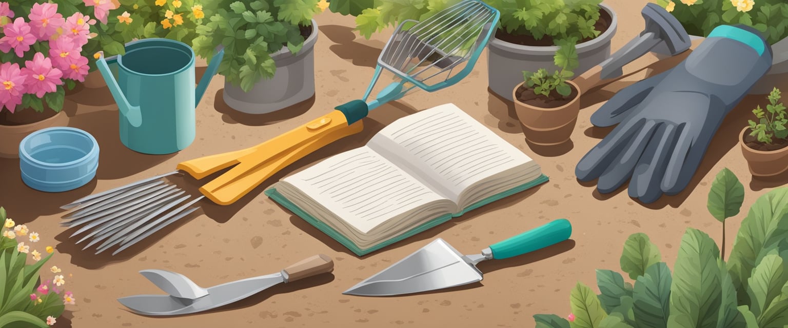 A variety of gardening tools scattered on the ground with a pair of gloves and a gardening book open to a page on outdoor garden tips