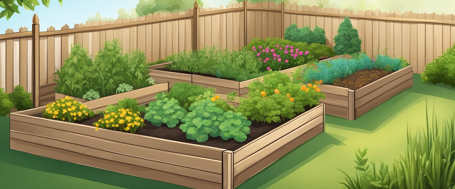 A garden with various plants growing in raised beds, surrounded by a fence to keep out pests. A small shed or storage area for gardening tools and supplies