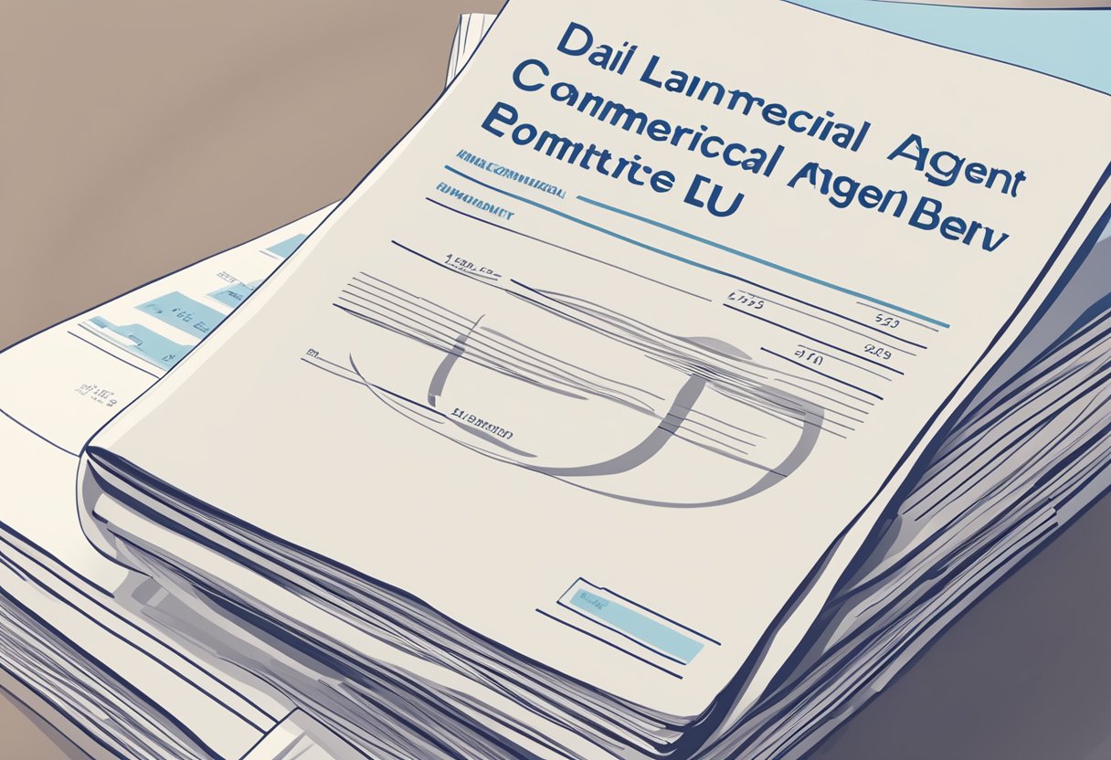 A stack of legal documents with the title "Danish Commercial Agent Act" and the EU-directive number displayed prominently