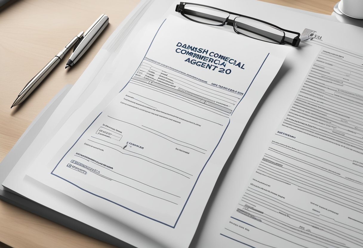 A legal document with the title "Danish Commercial Agent Act, no. 272 of May 2nd 1990" is open on a desk, with a EU-directive in the background