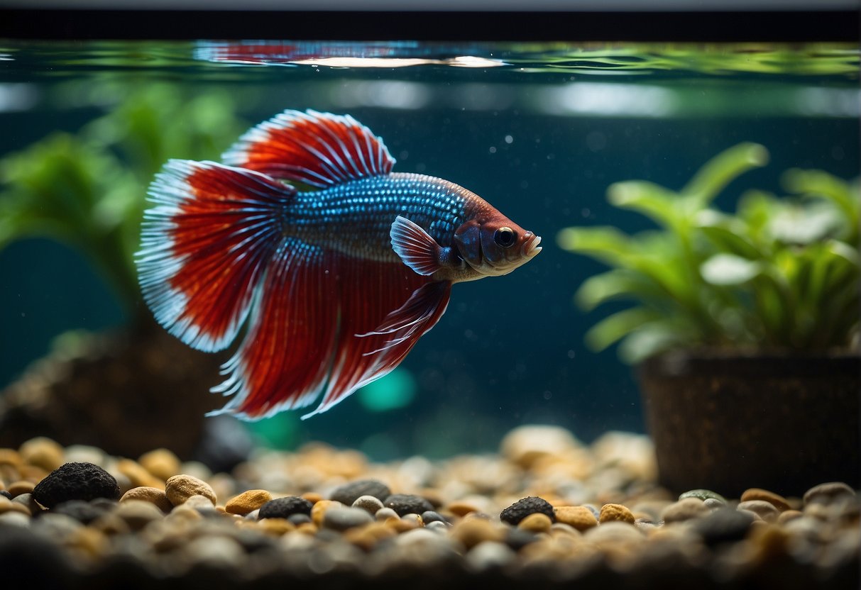 A betta fish swimming in a well-decorated tank with live plants and colorful ornaments, creating a vibrant and lively underwater scene