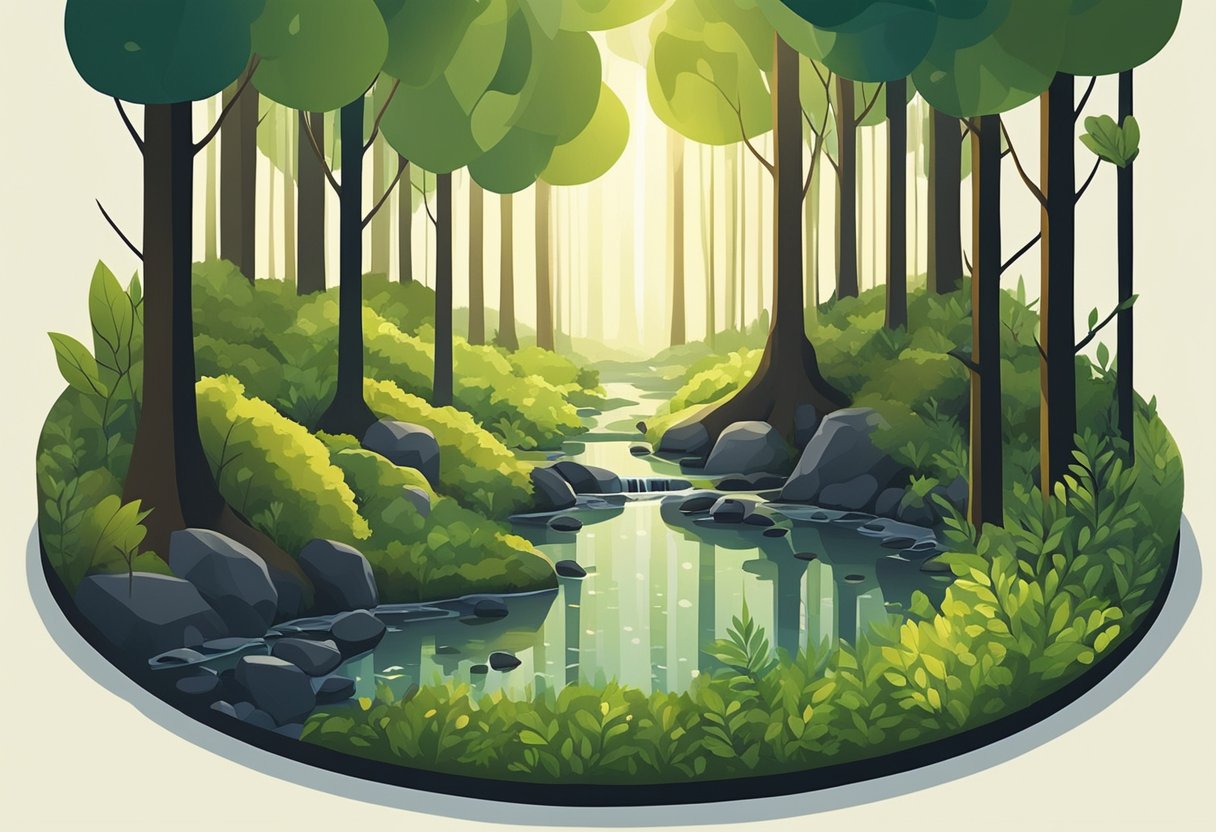 A lush forest with a stream, sunlight filtering through the trees, and a small sapling growing amidst fallen leaves, representing growth and new beginnings